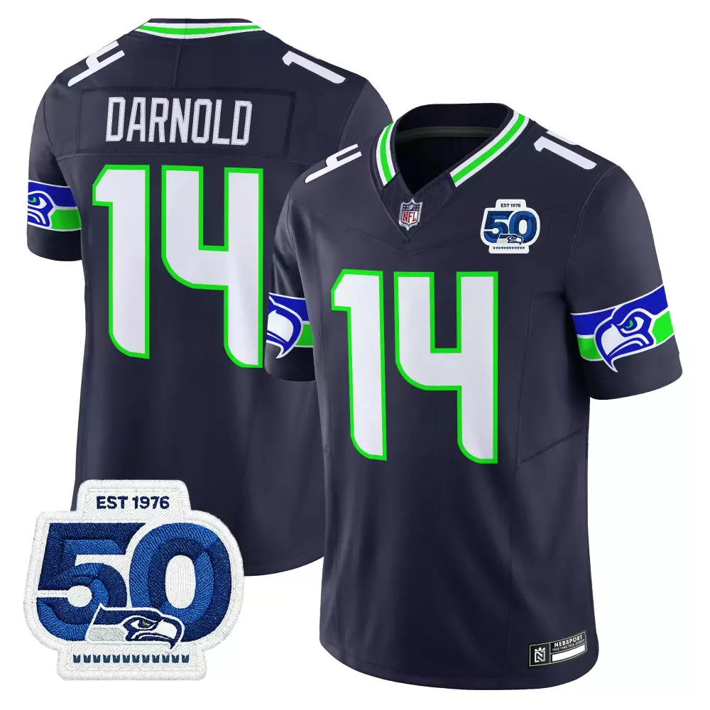 Sam Darnold 14 Seattle Seahawks Jersey Navy Blue 50th Anniversary Men Player White