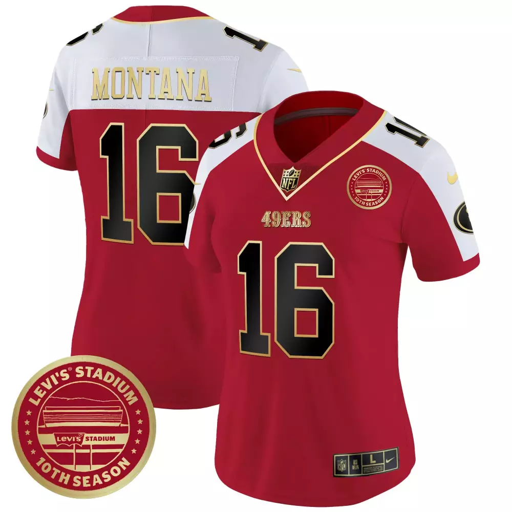 Joe Montana 16 49ERS Jersey Red Levi's Stadium 10th Season Men White Gold Alternate