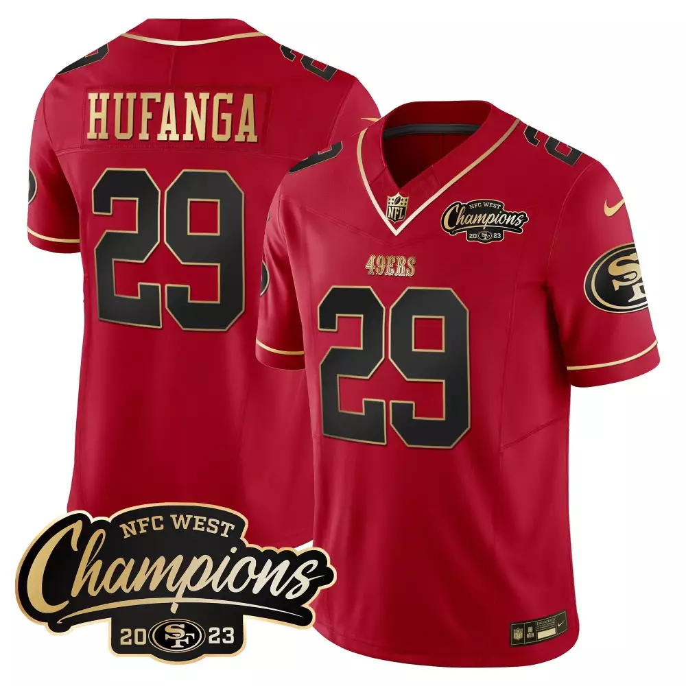 Hufnaga 29 49ERS Jersey Red NFC West Champions 2023 Men Gold Black Limited All Vapor
