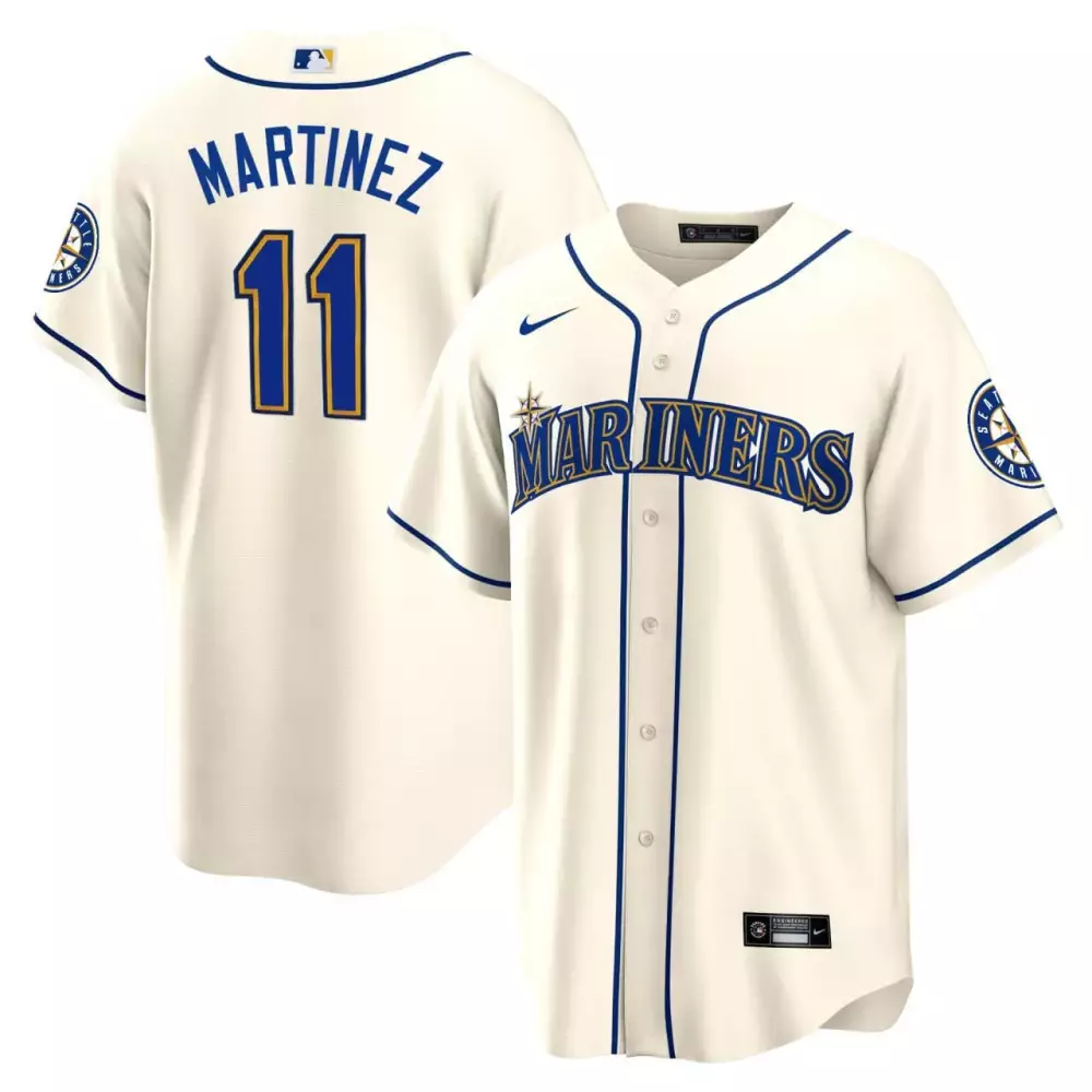 Edgar Martinez 11 Mariners Jersey Cream Men Blue Gold All Stitched