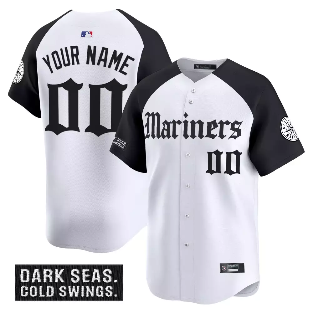 Custom Mariners Jersey White Dark Seas. Cold Swings. Seattle Black Vapor Stitched