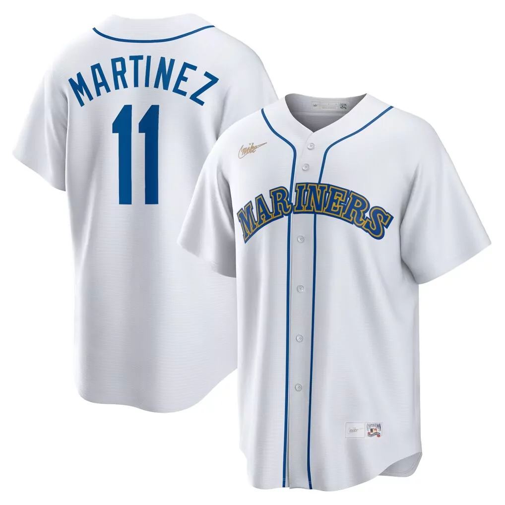 Edgar Martinez 11 Mariners Jersey White Men Blue Gold Home Cooperstown Collection