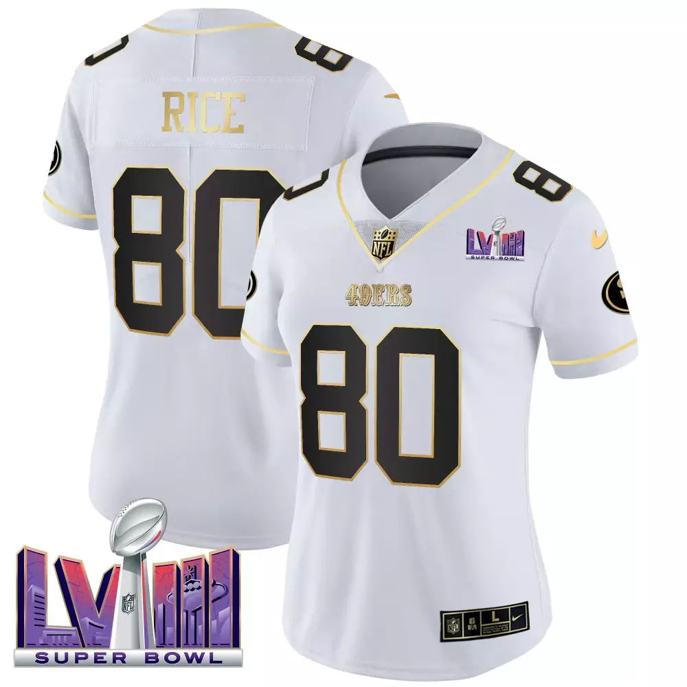 Jerry Rice 80 49ERS Jersey White Super Bowl Lviii Women Player Alternate Black Gold
