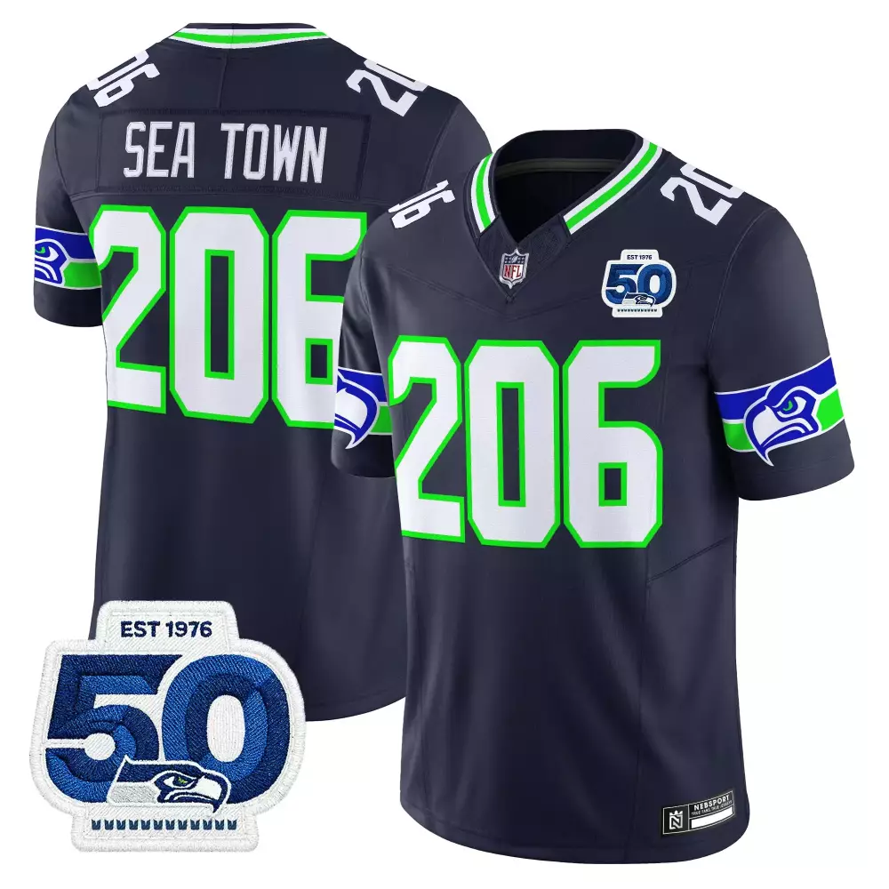 Sea Town Seattle Seahawks Jersey Navy Blue 50th Anniversary Men Neon Green White