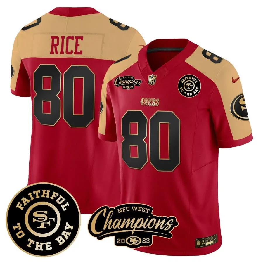Jerry Rice 80 49ERS Jersey Red NFC West Champions 2023 Faithful To Bay Men Player