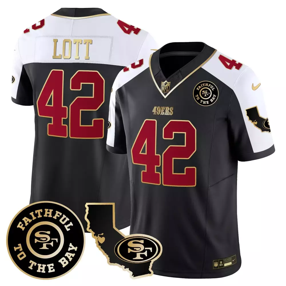 Ronnie Lott 42 49ERS Jersey Black Faithful To The Bay California Outline Men Replica