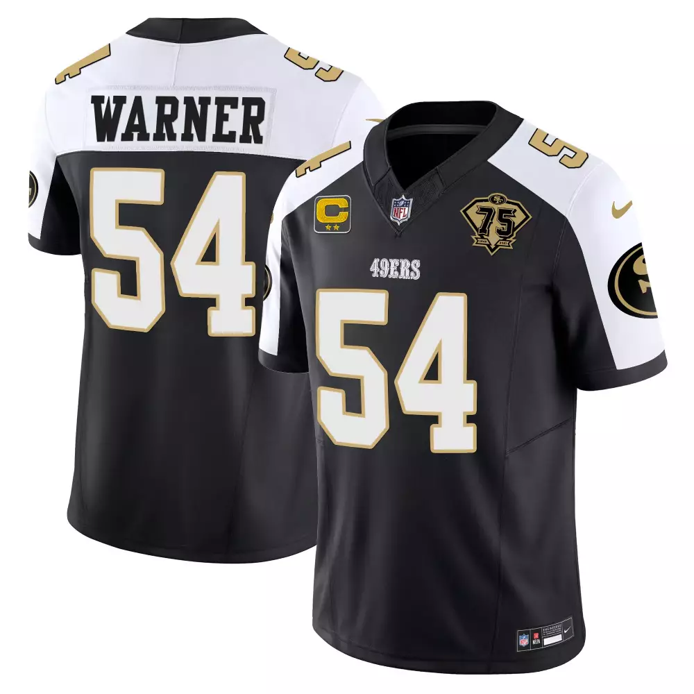 Fred Warner 54 49ERS Jersey Black 75th Anniversary Men Standard White Gold Stitched