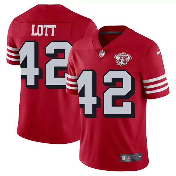 Ronnie Lott 42 Jersey Red 75th Anniversary San Francisco 49ers Men White Black Stitched