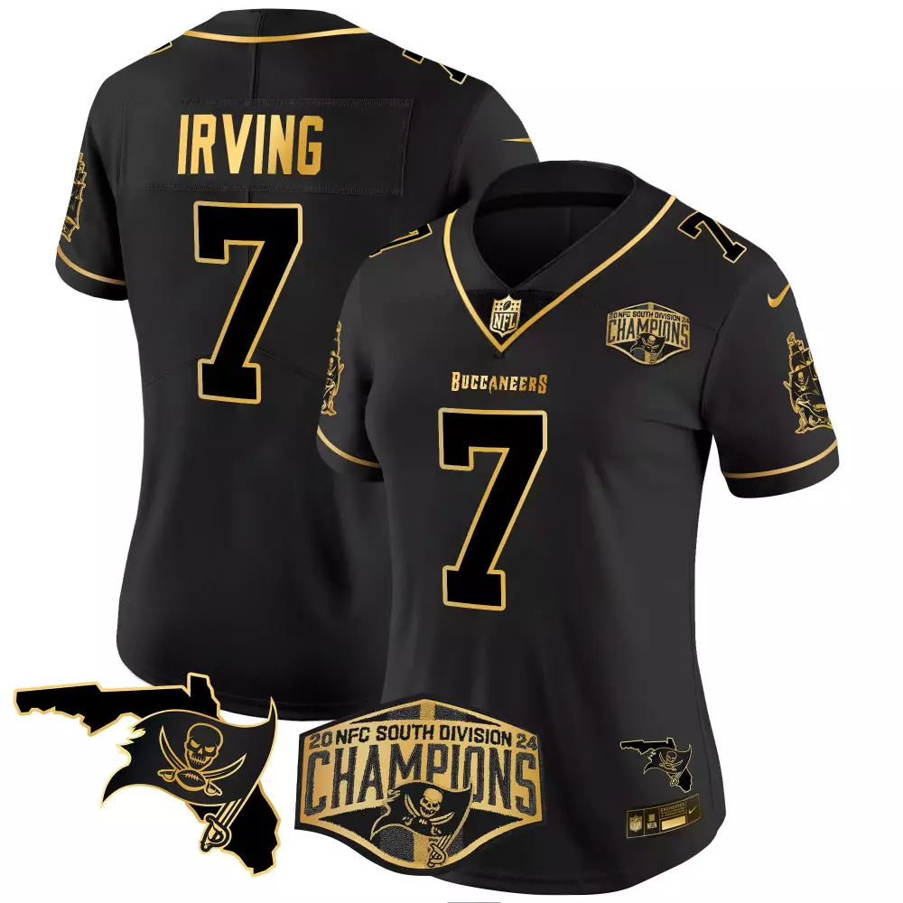 Bucky Irving 7 Buccaneers Jersey Black 2024 NFC South Division Champions Men Gold