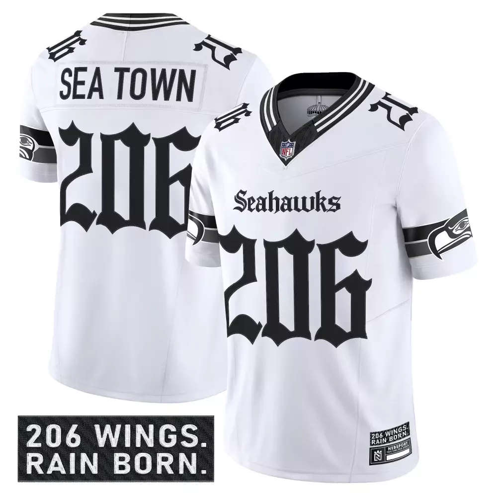 Sea Town Seahawks Jersey White 206 Wings. Rain Born. Alternate Black Stitched Vapor