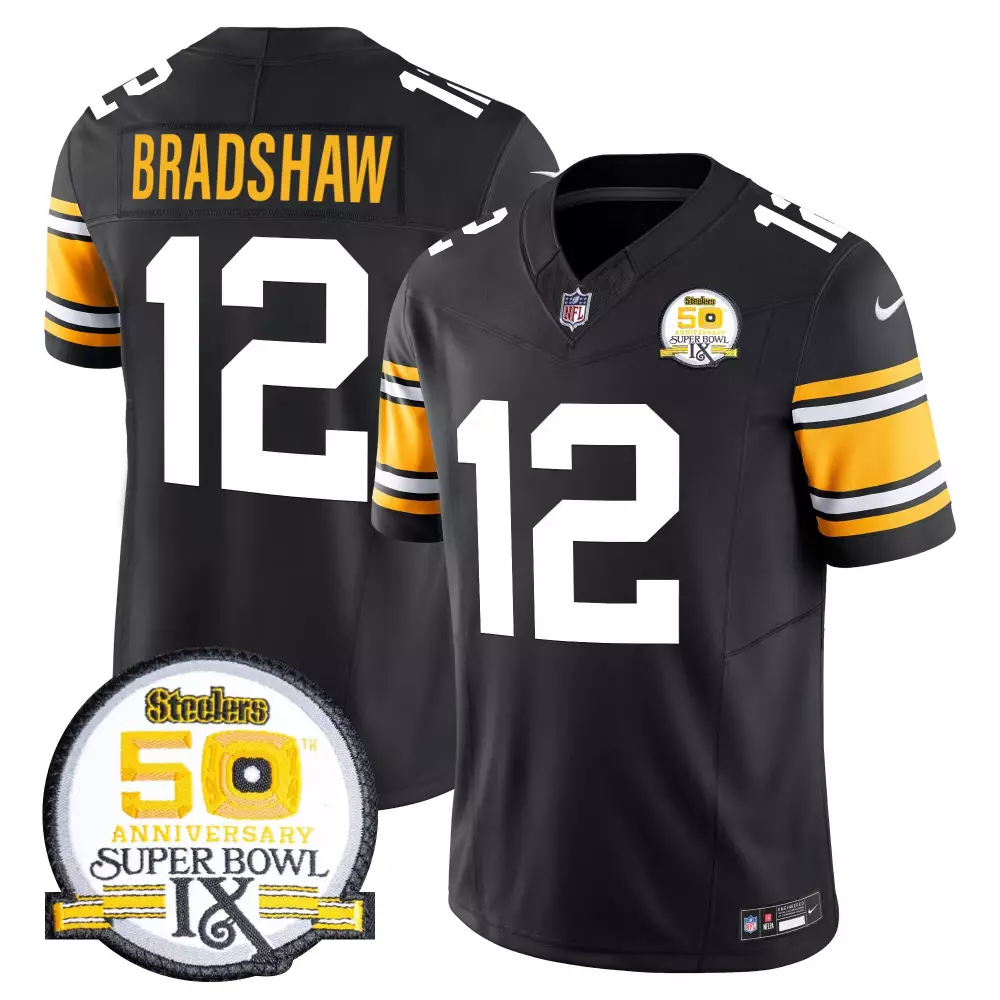 Terry Bradshaw 12 Steelers Jersey Black Men Yellow White Throwback Anniversary Vapor