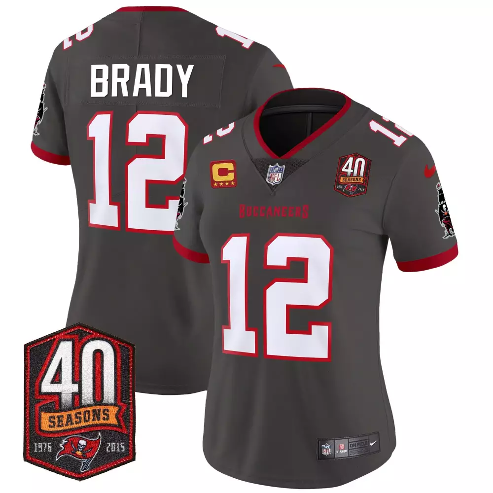 Tom Brady 12 Buccaneers Jersey Gray 40 Seasons Women Standard Red White Vapor Limited
