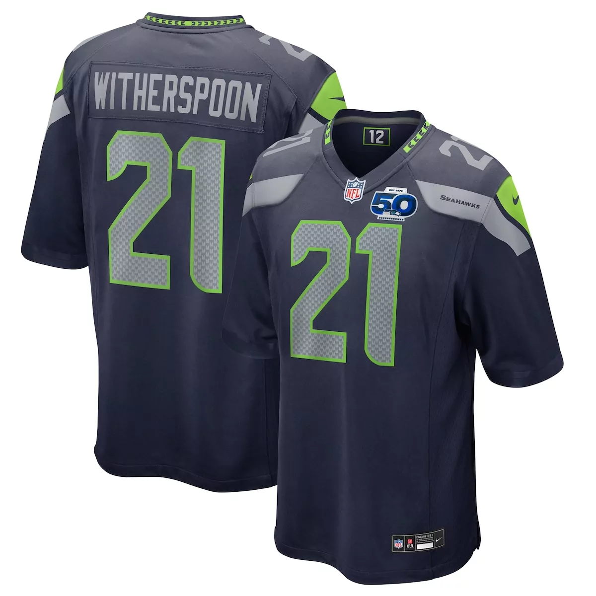 Devon Witherspoon 21 Seahawks Jersey Navy Blue 50th Anniversary Men NFL Gray Neon Green