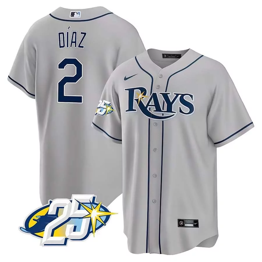 Yandy Diaz 2 Rays Jersey Grey Men Navy Blue Anniversary Cool Base v2 All Stitched