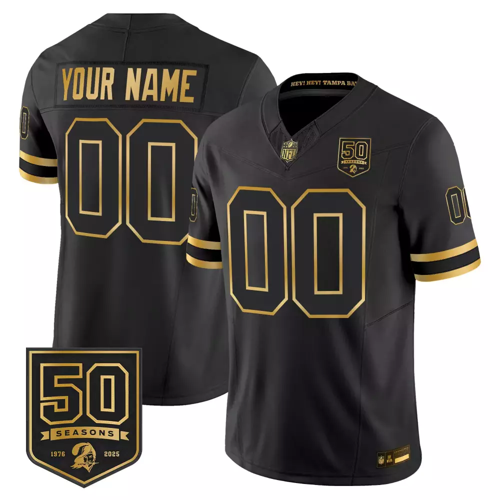 Custom Tampa Bay Buccaneers Jersey Black 50th Season 50 Seasons 1976-2025 Men Gold