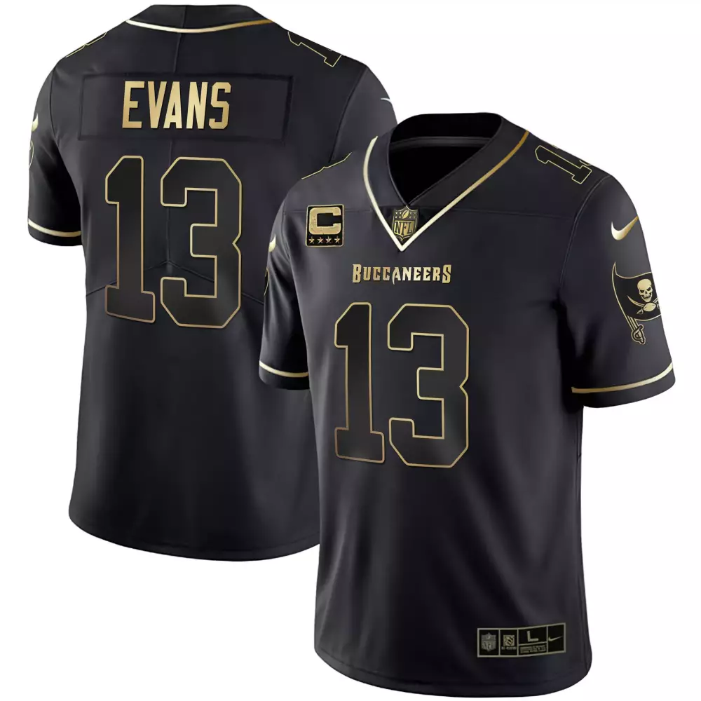 Mike Evans 13 Buccaneers Jersey Black Player Apparel Captain Men NFL Gold All Stitched