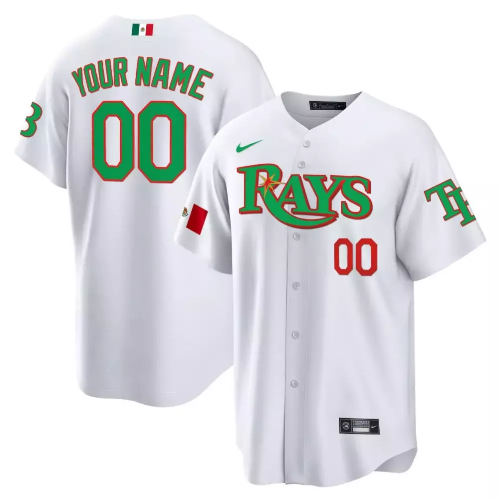 Custom Rays Jersey White Mexican Heritage Mexico Flag Green Red All Stitched