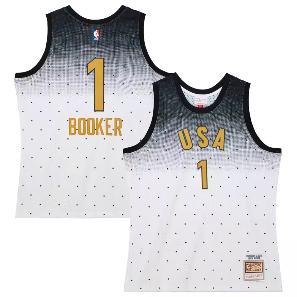 Devin Booker 1 USA Jersey White February 18 2019 Men Black Gold Hardwood Classics