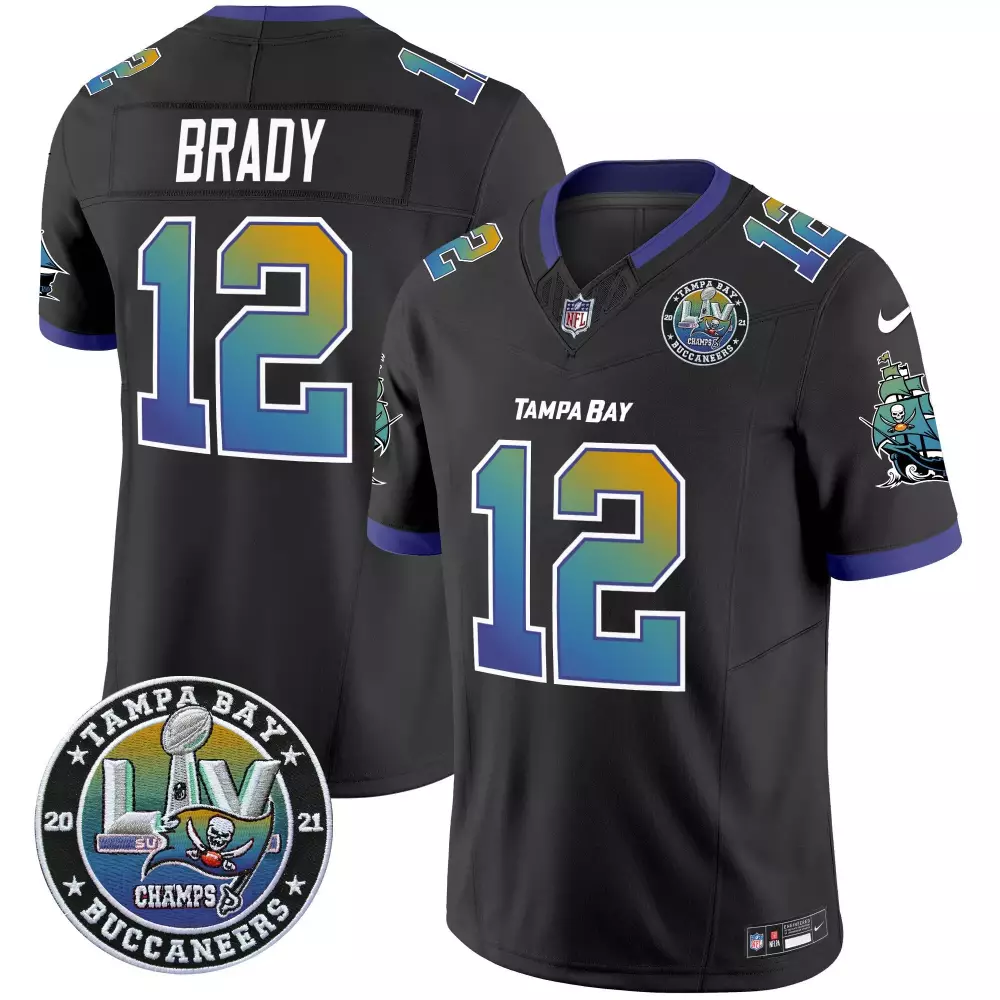 Tom Brady 12 Tampa Bay Buccaneers Jersey Black Super Bowl Lv Champions 2021 Men Purple