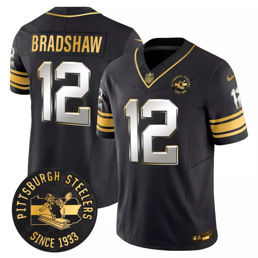 Terry Bradshaw 12 Jersey Black Alternate Pittsburgh Steelers Men Gold Silver Limited