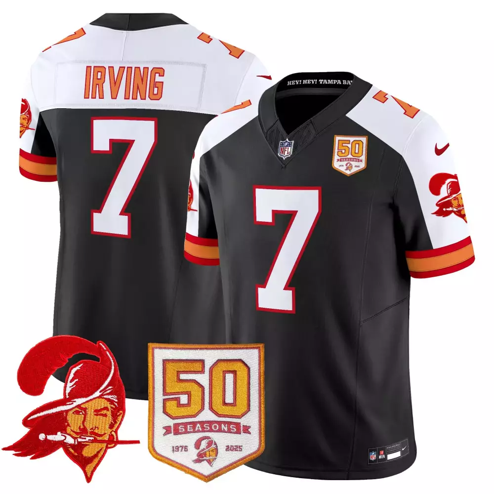 Bucky Irving 7 Buccaneers Jersey Black 50th Anniversary 50 Seasons 1976-2025 Men