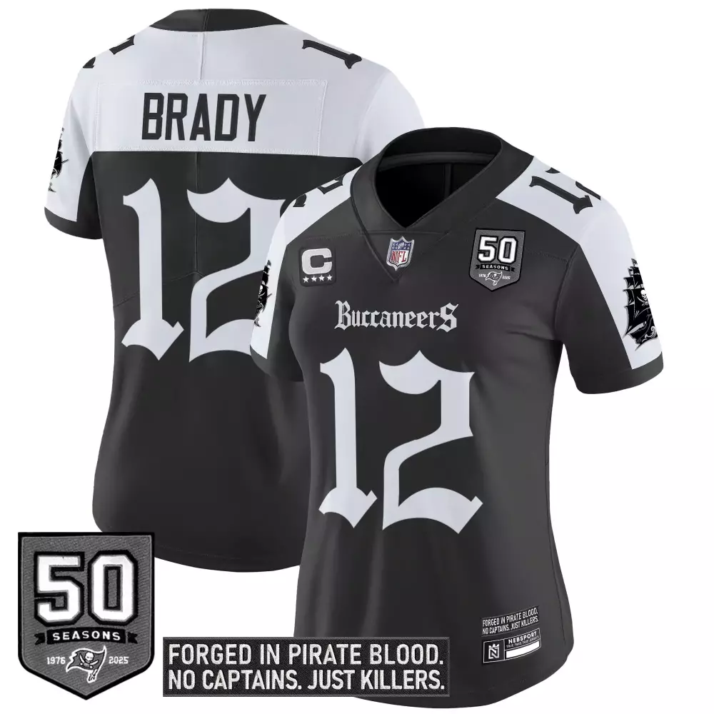 Brady 12 Buccaneers Jersey Black 50th Season 50 Seasons Women Split Alternate Design
