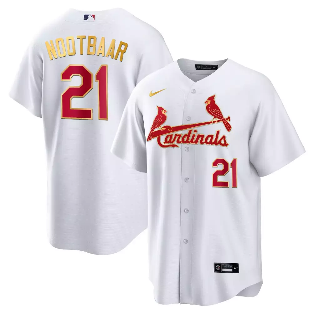 Lars Nootbaar 21 Cardinals Jersey White Men MLB Red Gold Cool Base All Stitched