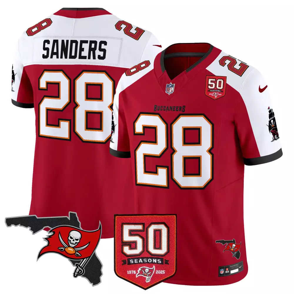Sanders 28 Buccaneers Jersey Red 50th Season 50 Seasons 1976-2025 Men White Orange
