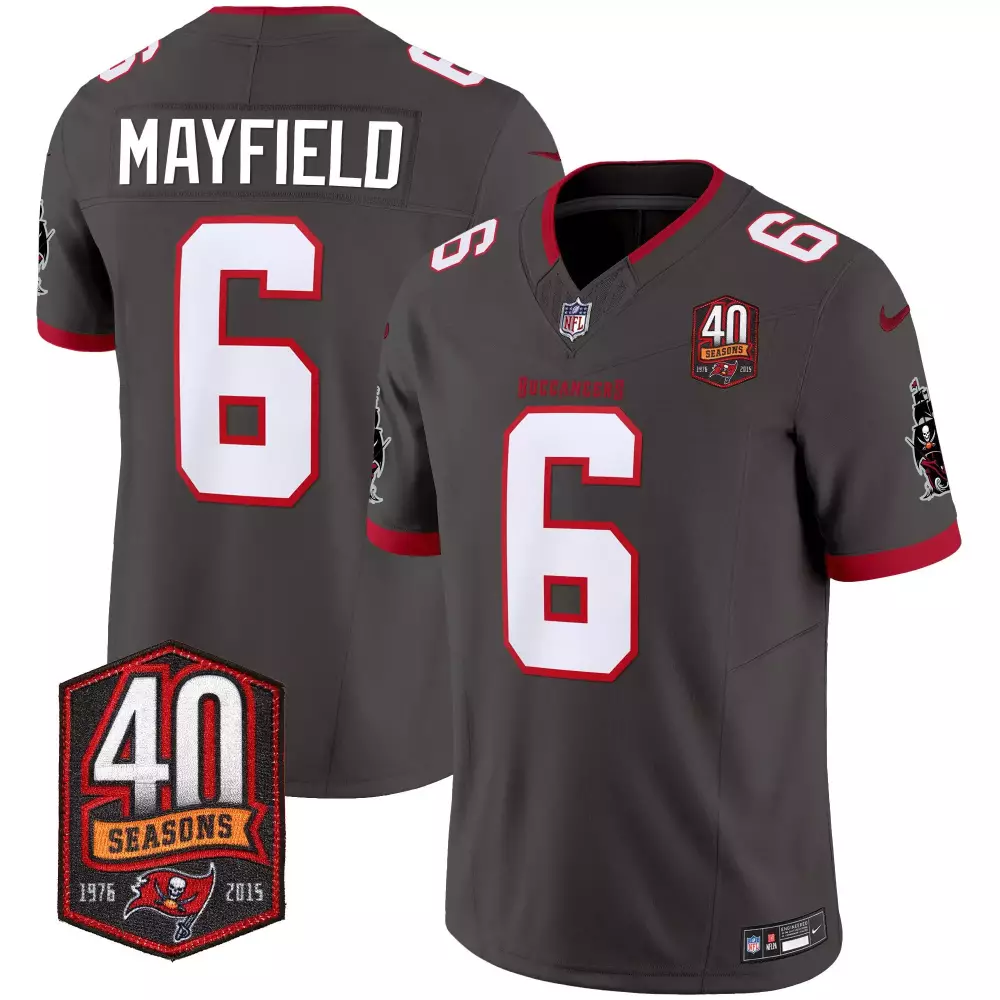 Baker Mayfield 6 Buccaneers Jersey Gray 40 Seasons 1976-2015 Men Game Red White Vapor