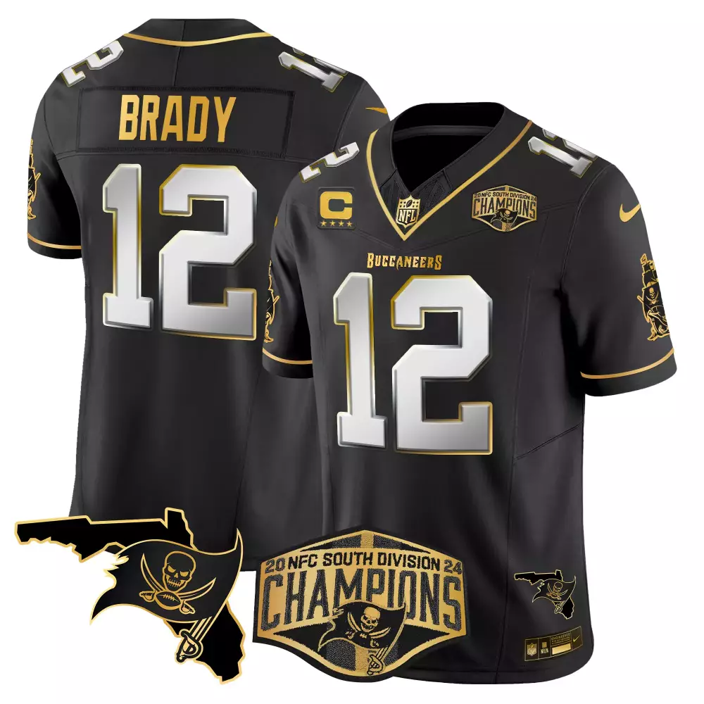 Tom Brady 12 Buccaneers Jersey Black 2020 NFC South Division Champions Men Gold White