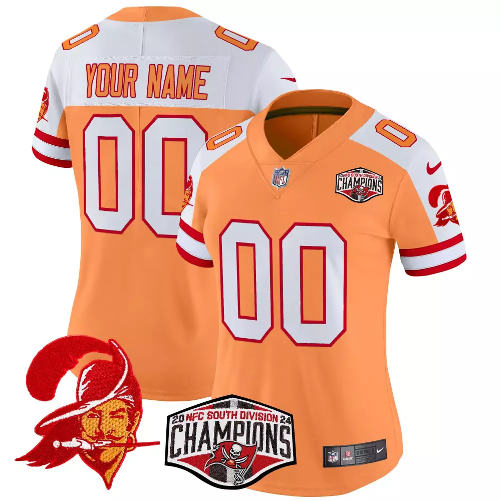 Custom Buccaneers Jersey Orange 2023 NFC South Division Champions Men White Red Alternate