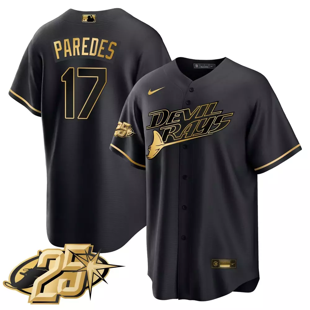 Isaac Paredes 17 Devil Rays Jersey Black 25th Anniversary Men Button-up Gold Cool
