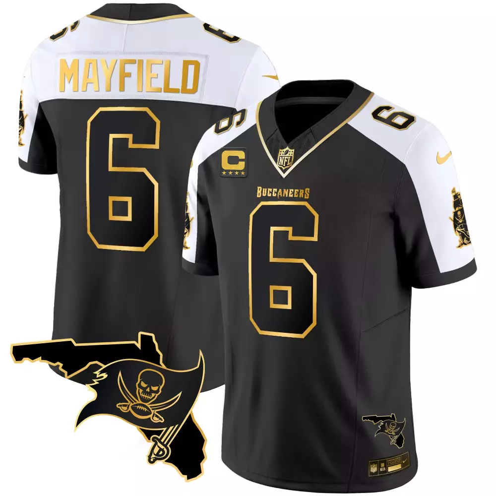 Baker Mayfield 6 Buccaneers Jersey Black Florida Outline Patch Captain Men White