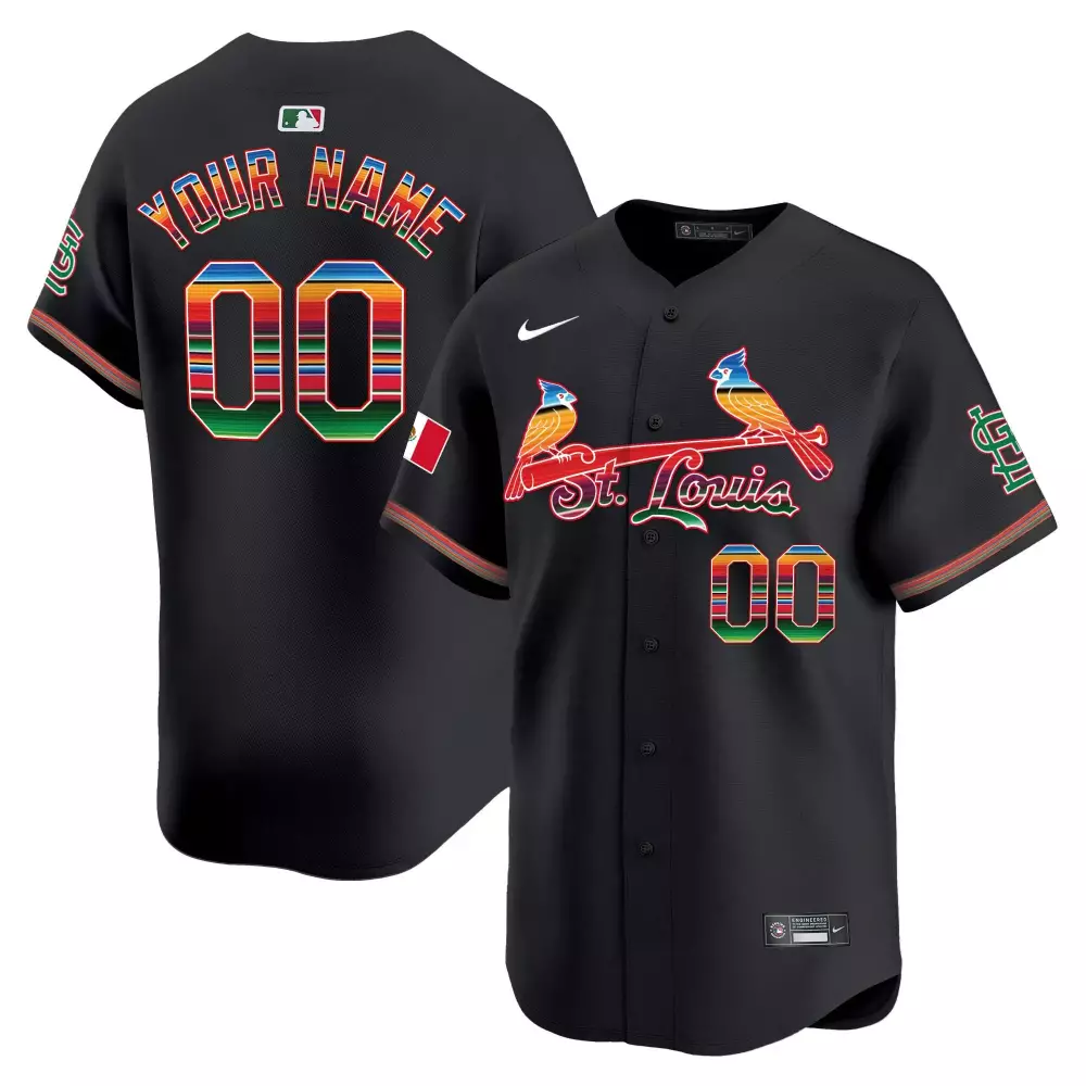 Custom St. Louis Cardinals Jersey Black Mexico Flag Design Red Green Blue Yellow