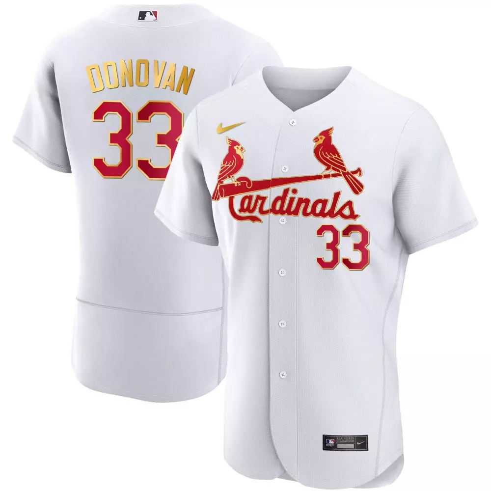 Brendan Donovan 33 Cardinals Jersey White Men Red Gold Flex Base All Stitched