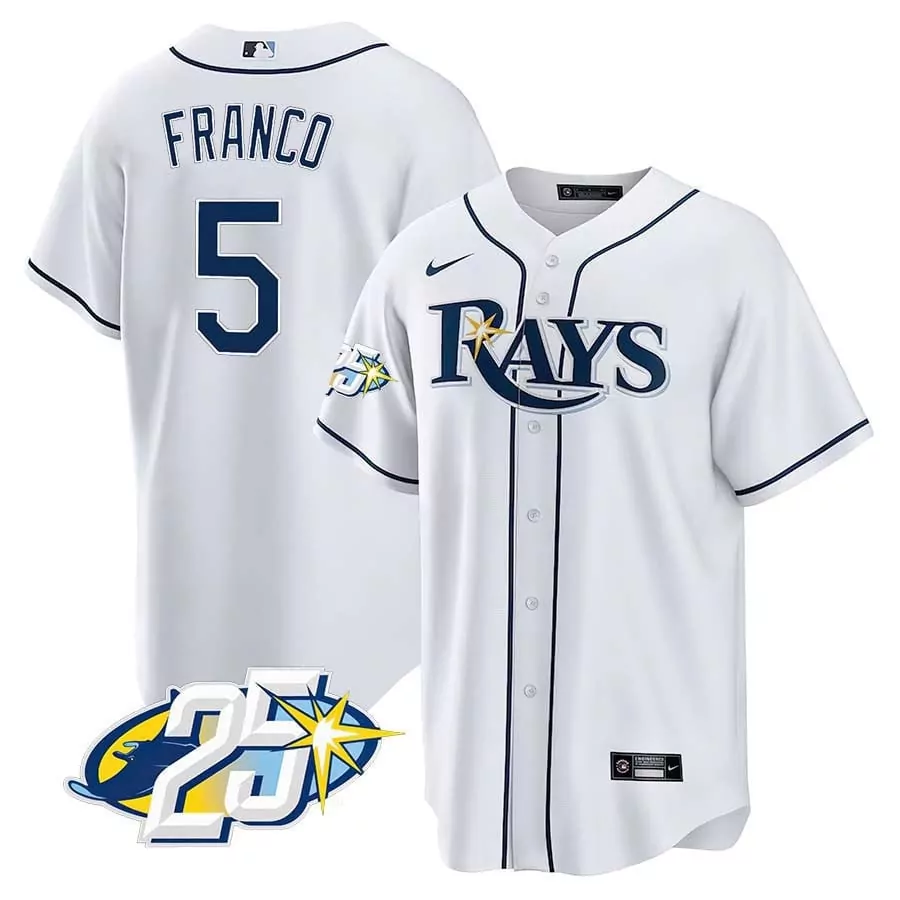 Wander Franco 5 Rays Jersey White 25th Anniversary Men Navy Blue Cool Base v2 All