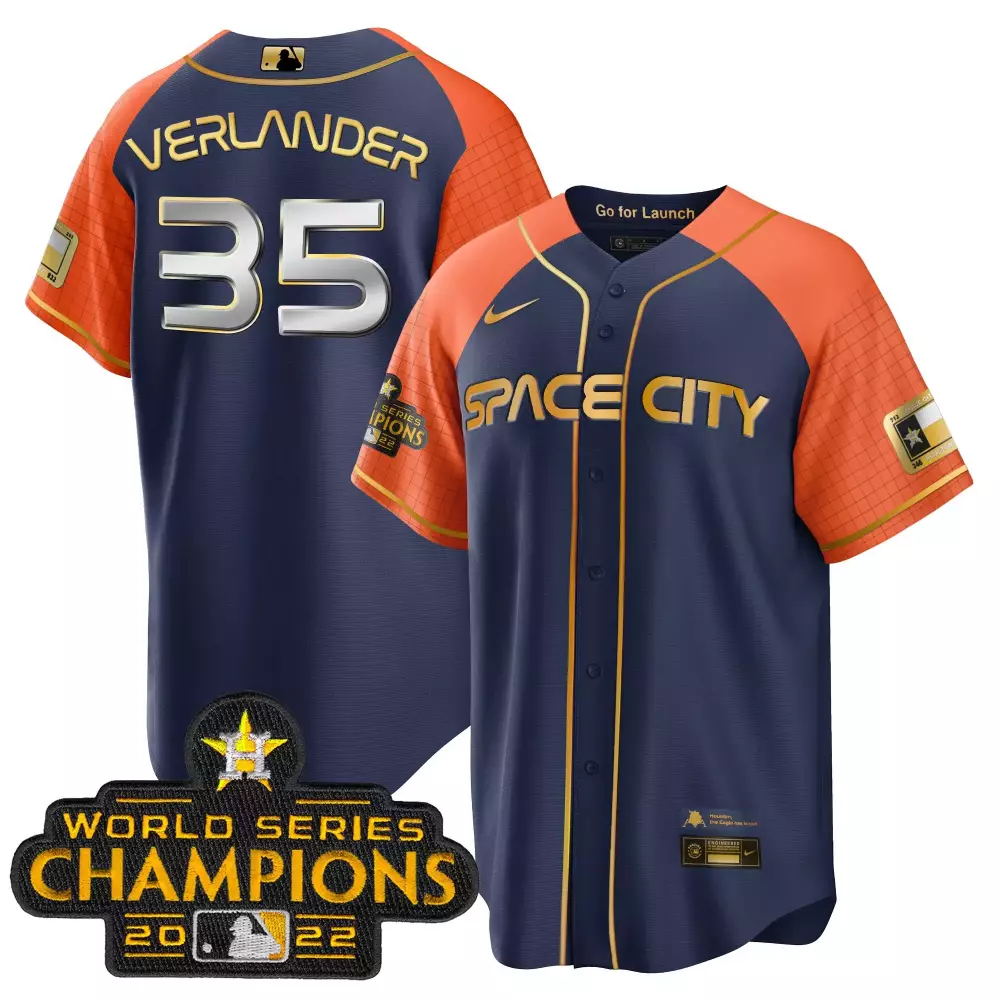 Verlander Space 35 Houston Astros Jersey Navy World Series Champions 2022 Men Orange
