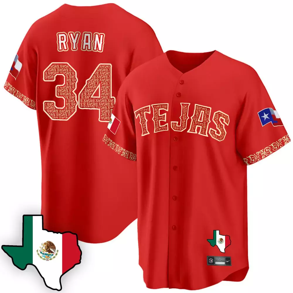 Ryan Tejas 34 Jersey Red Texas Flag Mexico Men Gold All Stitched Vapor