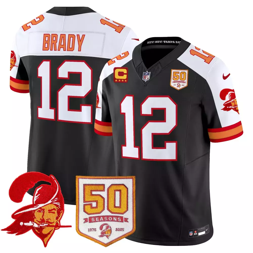 Tom Brady 12 Tampa Bay Buccaneers Jersey Black 50th Season 50 Seasons Men White Orange