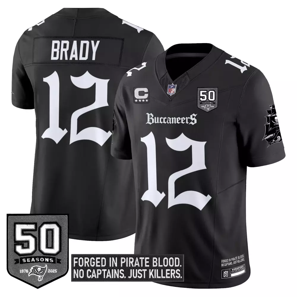Brady 12 Buccaneers Jersey Black 50th Anniversary 50 Seasons 1976-2025 Men White