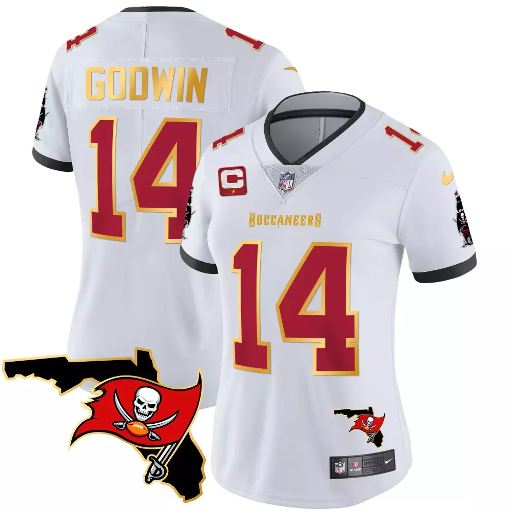 Chris Godwin 14 Buccaneers Jersey White Captain "c" Women NFL Red Gold Vapor All