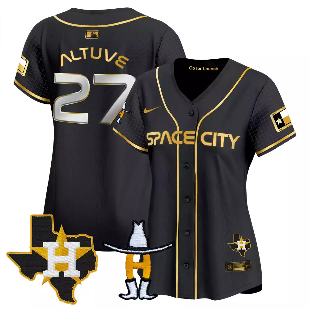 Jose Altuve 27 Houston Astros Jersey Black Space City Texas 2023 Men Gold Vapor Premier