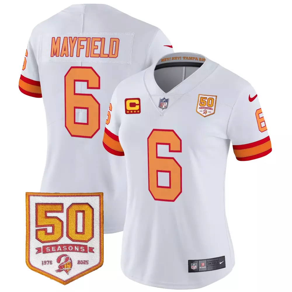 Baker Mayfield 6 Jersey White 50th Season Tampa Bay Buccaneers 50 Seasons 1976-2025