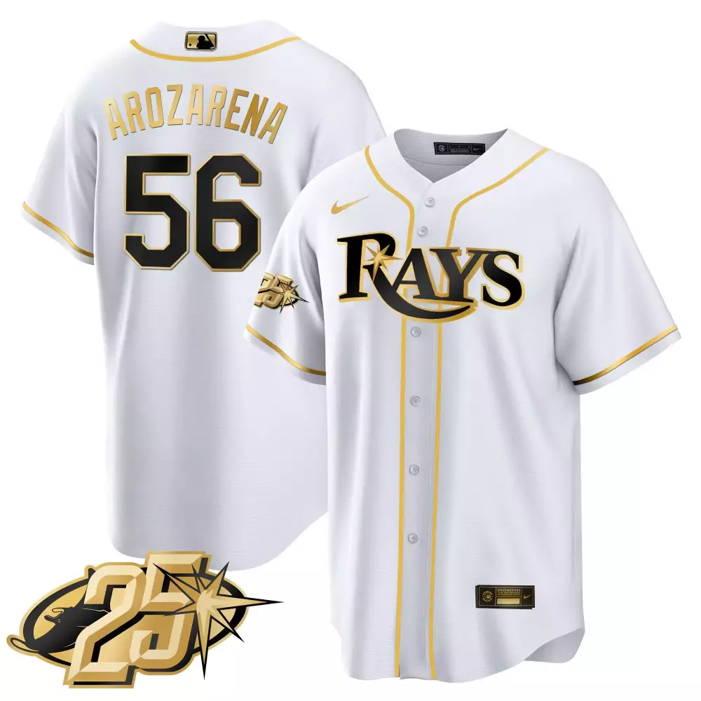 Randy Arozarena 56 Rays Jersey White 25th Anniversary Men Black Gold Cool Base v2
