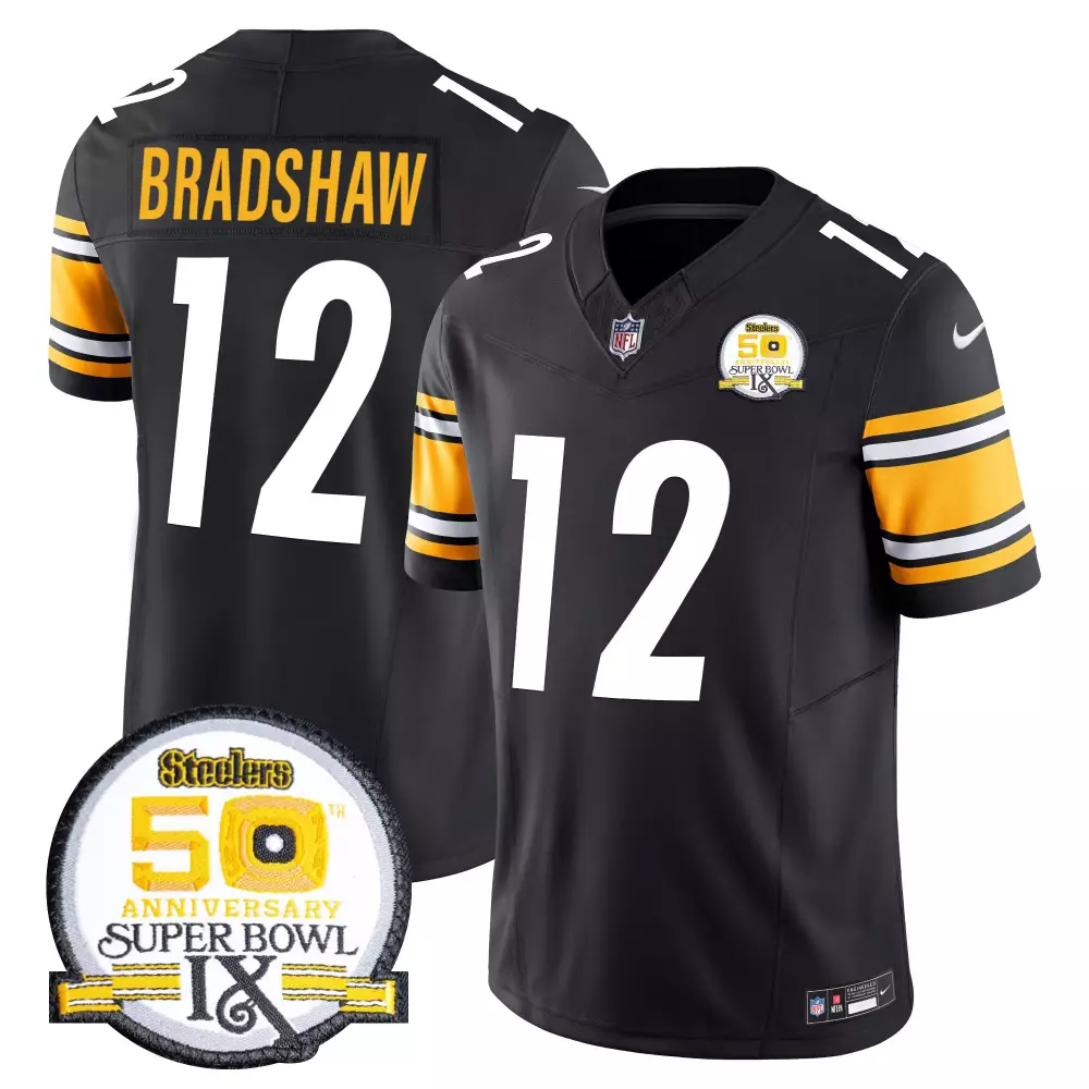 Terry Bradshaw 12 Steelers Jersey Black Men White Yellow Anniversary Vapor Limited
