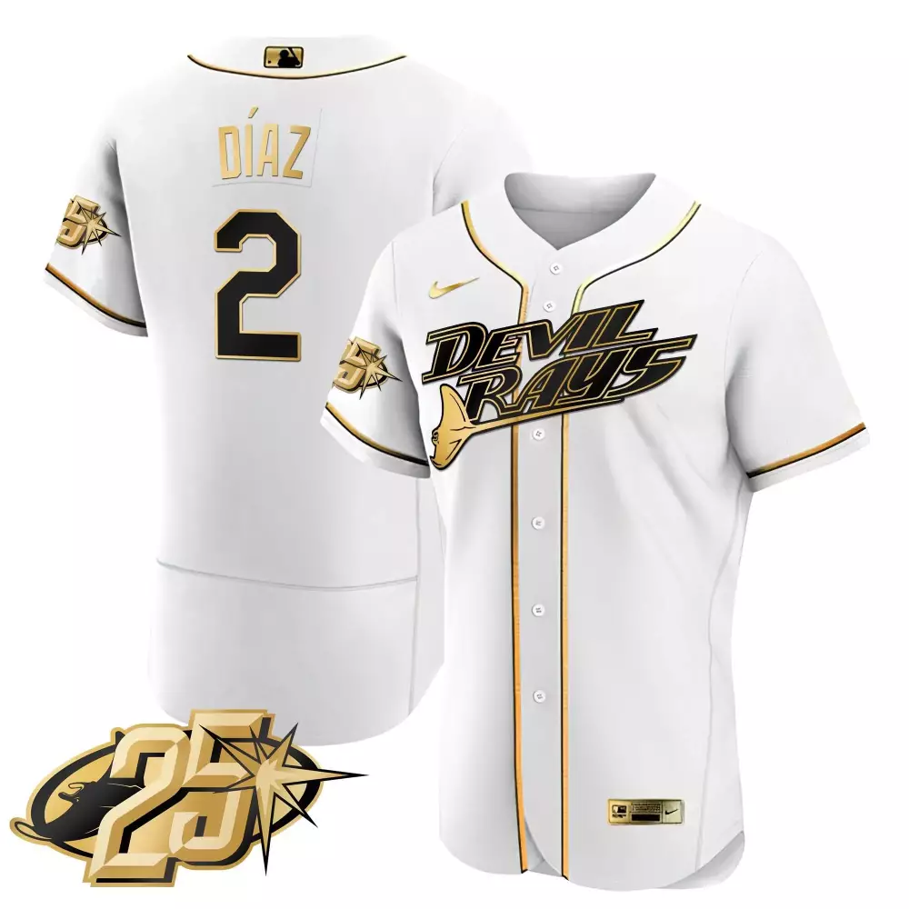 Yandy Diaz 2 Devil Rays Jersey White 25th Anniversary 55th Men Black Gold Flex Base