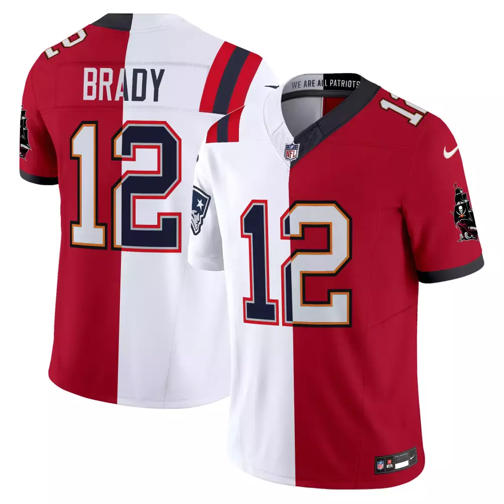 Tom Brady 12 Buccaneers Jersey Red Hybrid Pirate Flag Men NFL Split Design White