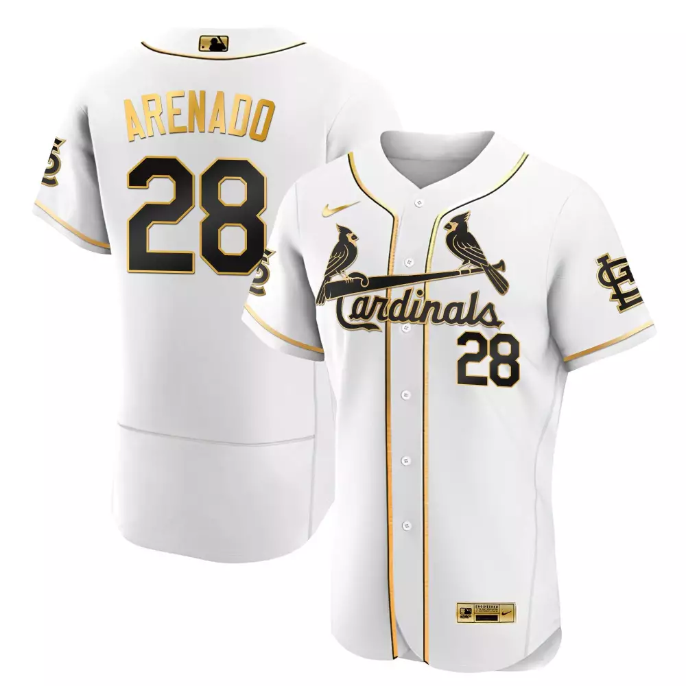 Nolan Arenado 28 Cardinals Jersey White Men Black Gold Flex Limited All Stitched