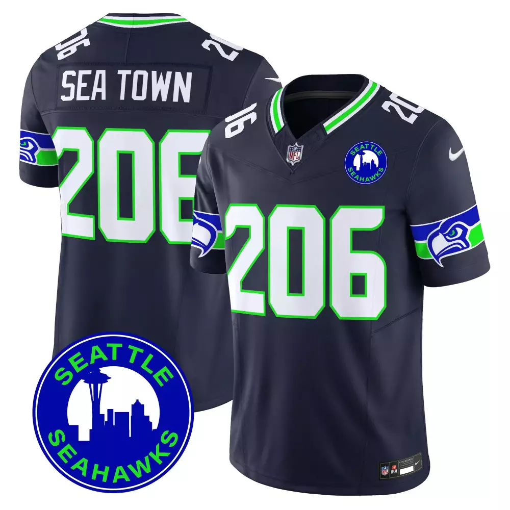Sea Town Seattle Seahawks Jersey Navy Blue Men Neon Green White Vapor Stitched
