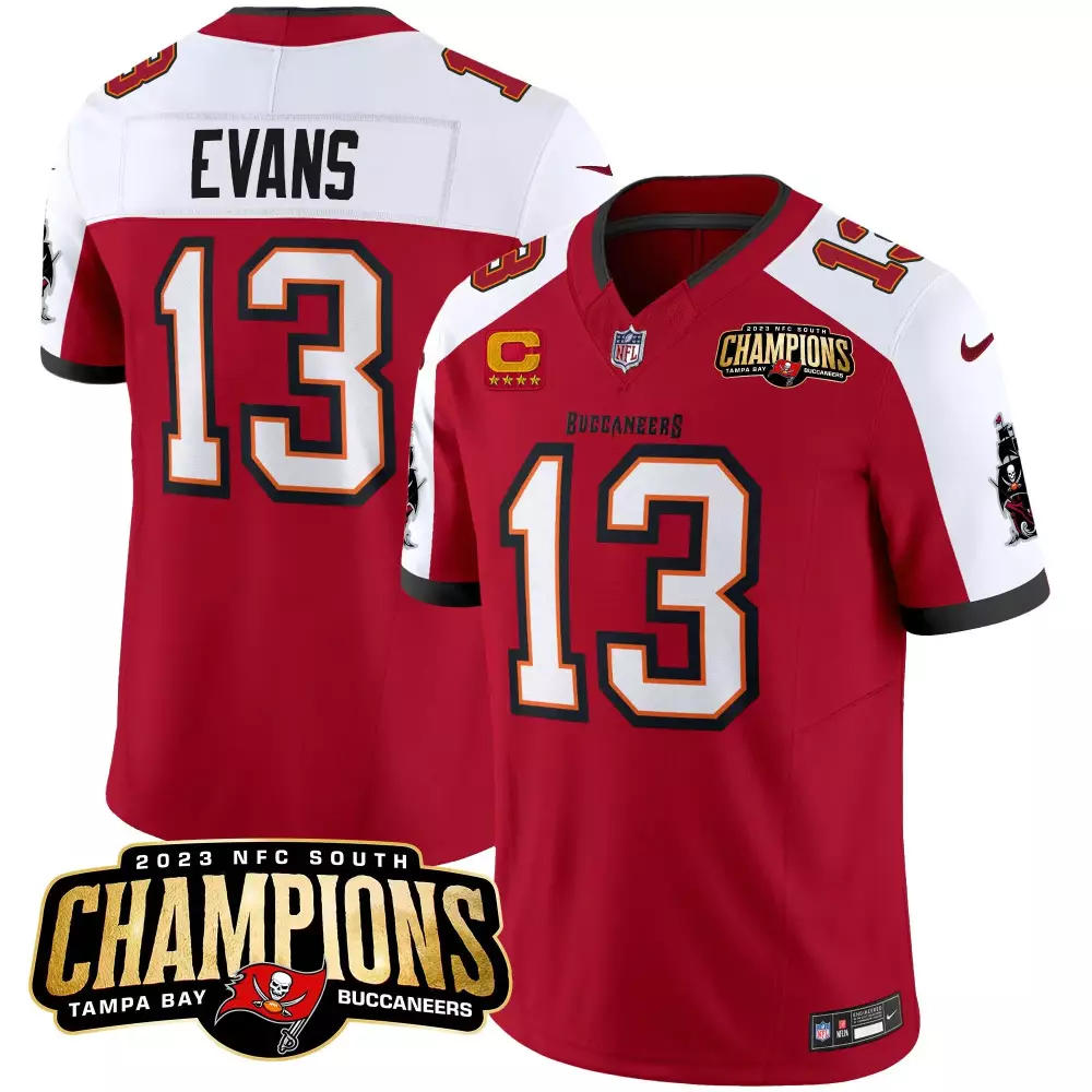 Mike Evans 13 Buccaneers Jersey Red 2023 NFC South Champions Men Game White Alternate